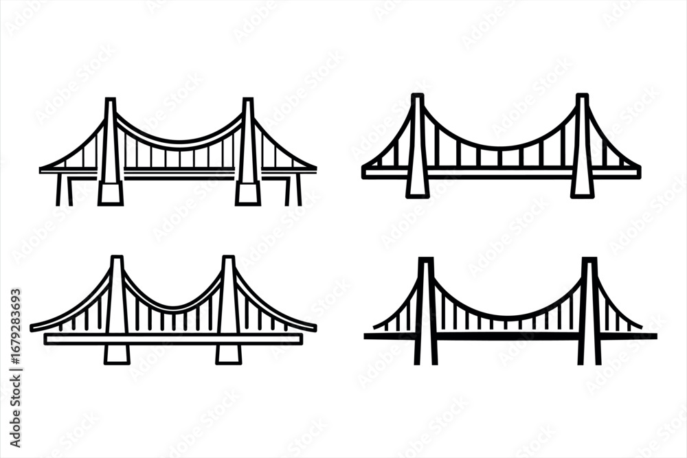 Fototapeta premium Collection of Suspension Bridge Line Icons
