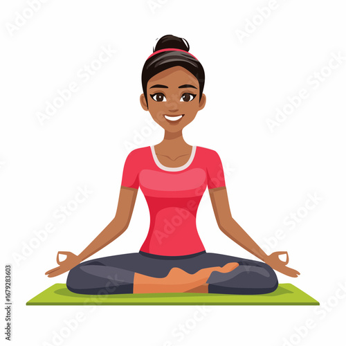 A serene young woman meditating in a lotus yoga pose on a green mat. Concept illustration for mindfulness, relaxation, and healthy lifestyle