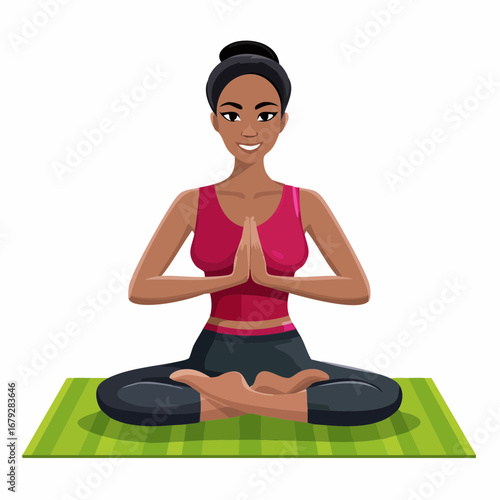 Illustration of a serene woman practicing yoga meditation in the lotus position with hands in a prayer pose on a green mat for wellness