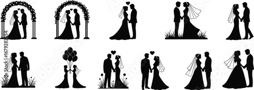 Wedding couple silhouette, romantic bride and groom poses, love ceremony illustration, marriage celebration vector, romantic couple art, wedding romance design