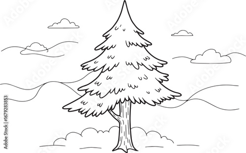 Illustrative evergreen tree in a simple landscape outline for cr