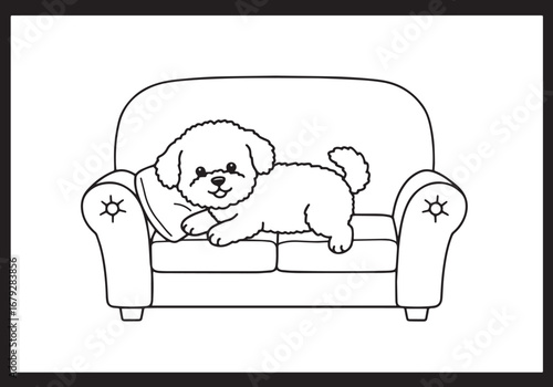 Cute cartoon dog relaxing comfortably on a cozy couch line art d