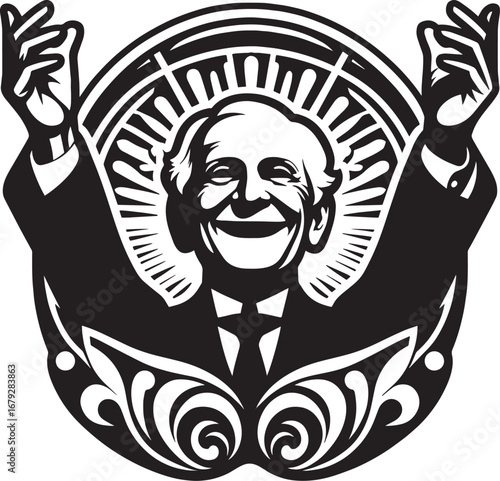 Joyful Elderly Man with Open Arms in a Circular Frame, Smiling Vector Illustration Design