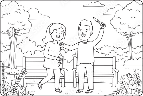 Joyful anticipation: Line art of expectant couple celebrating po