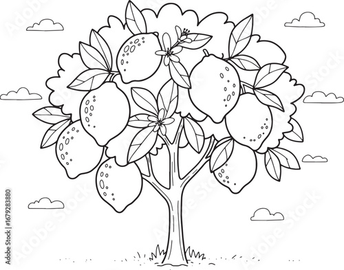 Enchanting Lemon Tree Cartoon Illustration with Fruit, Leaves, a