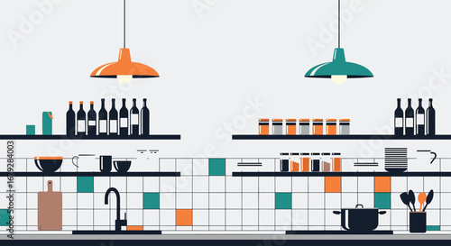 Stylish modern kitchen interior with minimalist design and vibrant pops of color, perfect for home decor