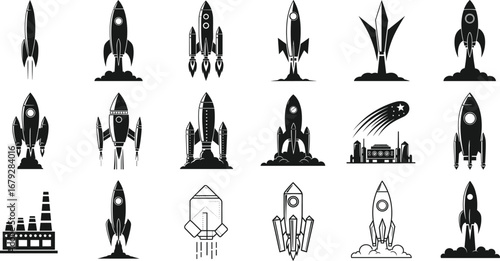 Rocket, spaceship, shuttle, spacecraft, astronaut, launch, space, travel, mission, propulsion, aerospace, exploration, technology, astronomy, silhouette, vector, icon,