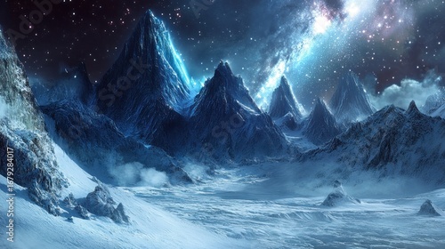 Frozen peaks under a starry sky