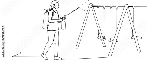 Woman disinfecting playground equipment, ensuring safety for chi