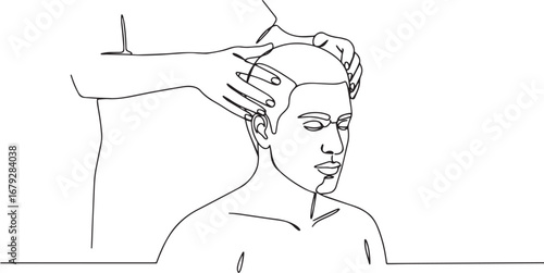 Monoline art depicting a man receiving scalp massage for relaxat