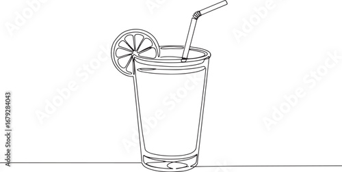 Continuous Line Drawing of Refreshing Drink with Lemon Slice and