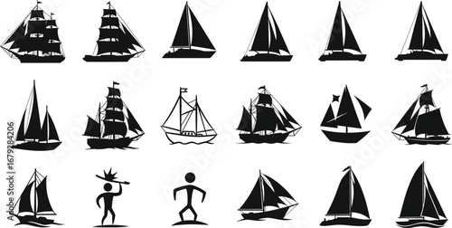 Silhouette sailboat icons, sailing ship vector set, nautical vessel clipart, maritime transport symbols, yacht illustration, black boat graphic design