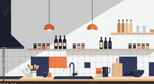 Stylized kitchen interior with retro tile and modern lighting creates a warm and inviting atmosphere