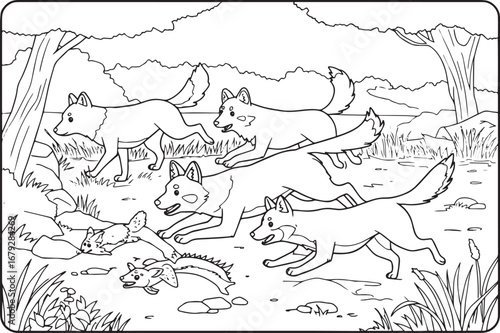Dhole pack pursues elusive prey, monochrome illustration of wild