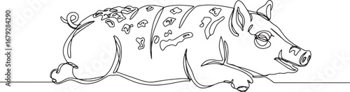 Minimalist continuous line drawing of a domestic pig lying down