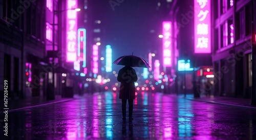 Wallpaper Mural A solitary figure walks down a neon lit city street at night holding an umbrella with vibrant reflections shimmering on the wet pavement Torontodigital.ca