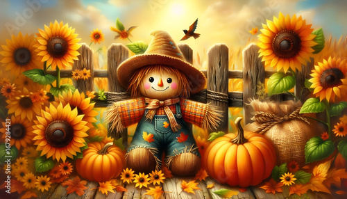 cute scarecrow and pumpkins