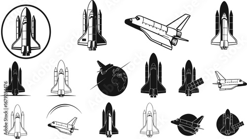 Black and white space shuttle vector set, rocket launch illustrations, astronaut exploration, spacecraft design, planetary elements, cosmic travel