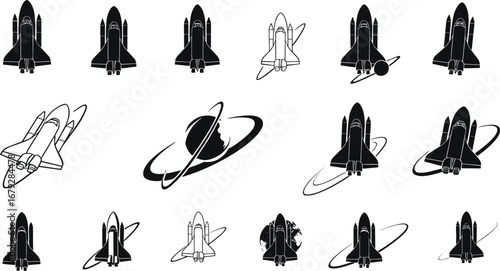 Black and white space shuttle vector set, planetary elements, rocket ship illustrations, astronaut exploration, cosmic travel, spacecraft design, outer space art