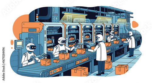 Robots automating modern factory production line, ensuring efficient packaging and fast delivery of goods