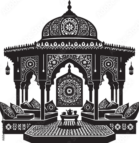 Detailed Black and White Vector Illustration of an Arabian Gazebo with Intricate Design