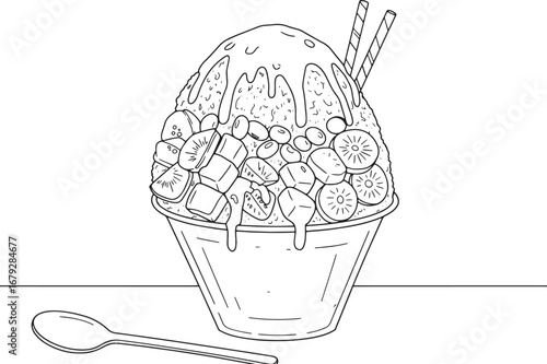 Kakikori Delight: Black and White Line Art Illustration of Shave