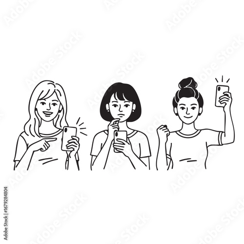 Three women joyfully using smartphones sharing moments and connecting digitally