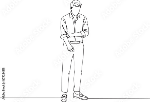 Minimalist line drawing of a man rolling up sleeves with white b