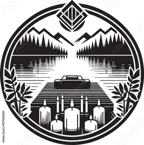 Symbolic Black and White Illustration Depicting Mountains, Lake, and a Vehicle with Candles