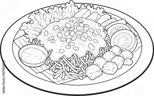 Delicious gado-gado illustration in black and white line art sty
