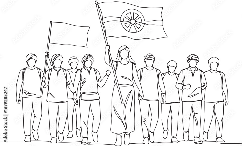 Obraz premium Continuous line drawing of a group of people marching with flags
