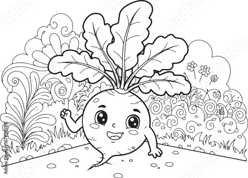 Cheerful Radish Character with Detailed Garden Backdrop Coloring