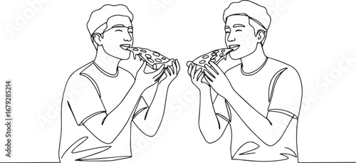 Continuous line drawing of two friends enjoying pizza slices wit