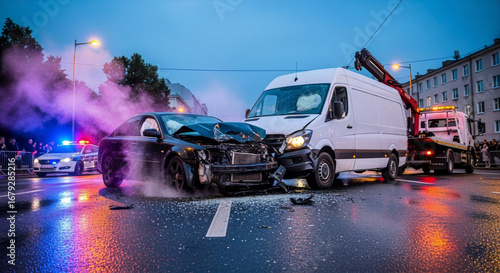A severe car accident scene with a damaged black car and a white van under the evening sky on a wet road