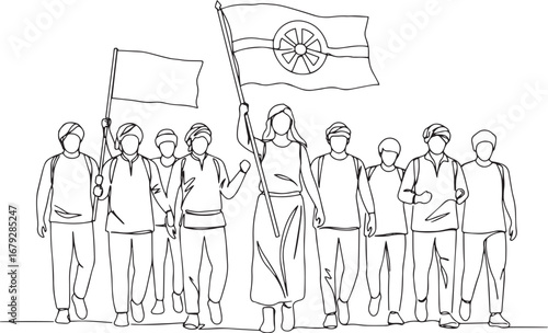 Continuous line drawing of a group of people marching with flags
