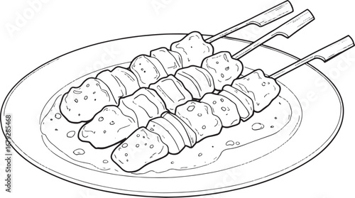 Elegant Illustration of Satay Skewers on a White Plate with subt