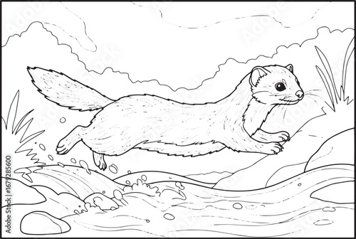 Line Art Illustration of a Weasel Jumping Over a Stream in its N