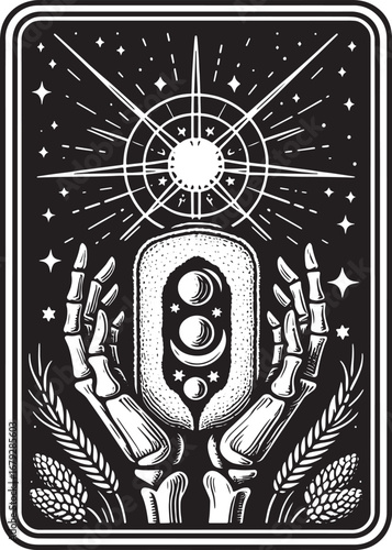 Intricate Black and White Illustration of a Mystical Tarot Card Featuring Celestial Elements