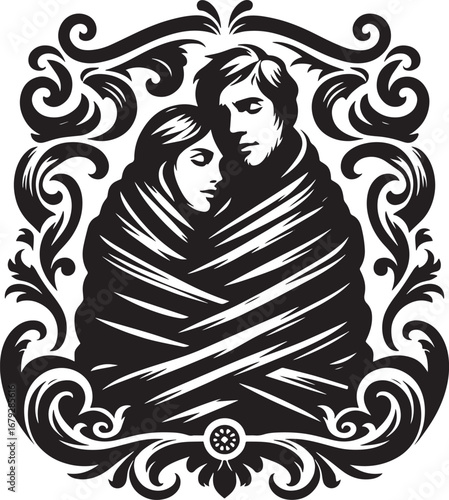 Black and White Illustration of a Romantic Couple Embracing with Decorative Floral Elements