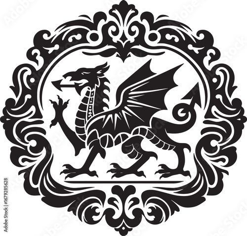 Detailed black and white heraldic dragon emblem within ornate decorative frame design