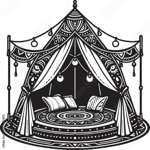 Elegant Black and White Bohemian Tent Illustration with Decorative Patterns and Pillows