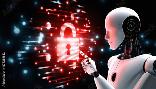 Futuristic robot touching with cyber security padlock