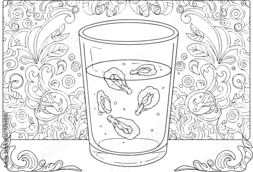 Line art illustration of butterfly pea tea with floral backgroun
