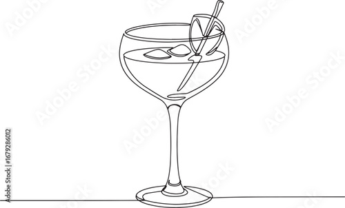 Elegant single line drawing of amaretto cocktail with lemon twis