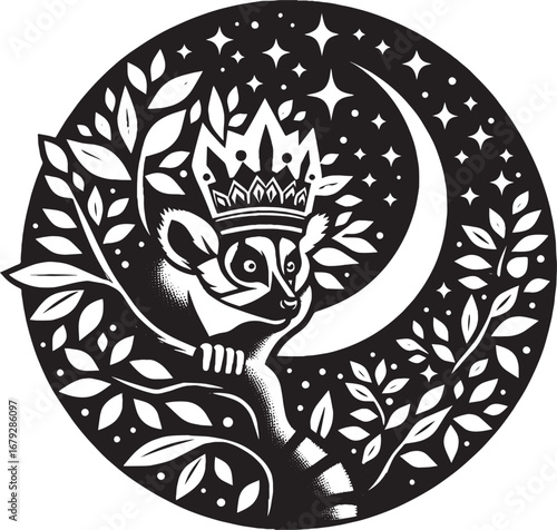 Elegant Black and White Vector Illustration of a Royal Lemur with Crown and Moon Backdrop