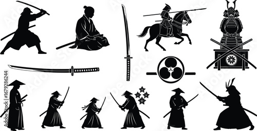 Samurai warriors silhouettes, katana swords, horseback warrior, traditional Japanese armor, samurai helmet, martial arts, meditation, ancient Japan, sword fighting, warrior culture