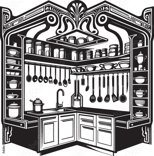 Detailed black and white illustration of a vintage kitchen with shelves, utensils and appliances