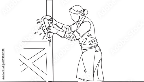 Single continuous line drawing woman scrubbing window for spring
