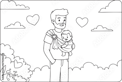 Adorable father and baby bond shown in a charming monochrome ill