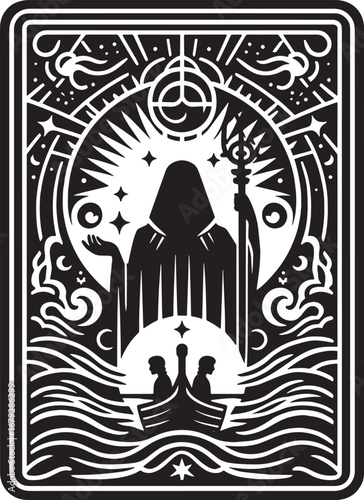 Intricate Black and White Tarot Card Illustration Depicting Mystical Figures and Symbolism